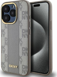Mbulesë telefon DKNY PU Leather MagSafe për iPhone 15 Pro, dizajn me kuadrate, ngjyrë bezhë