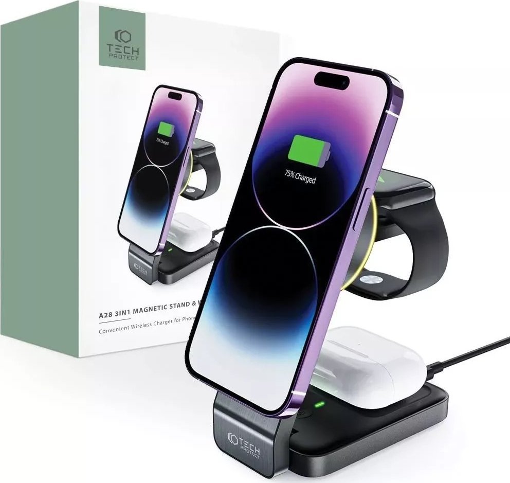 Karikues wireless 3 në 1 MagSafe Qi 15W, për iPhone Apple Watch AirPods, i zi