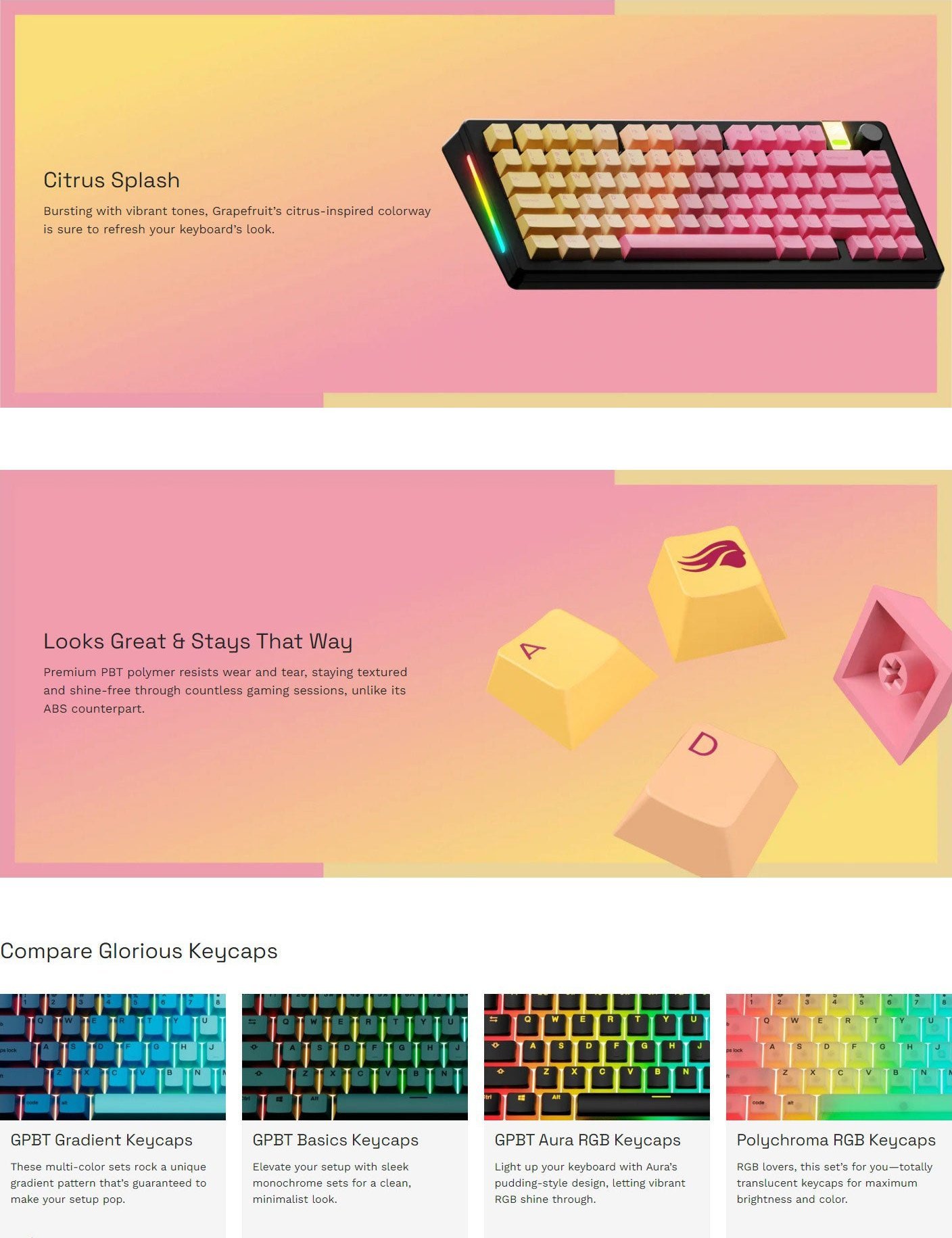 Set keycaps Glorious GPBT Gradient Grapefruit V2, 131 taste, PBT, shumëngjyrëshe