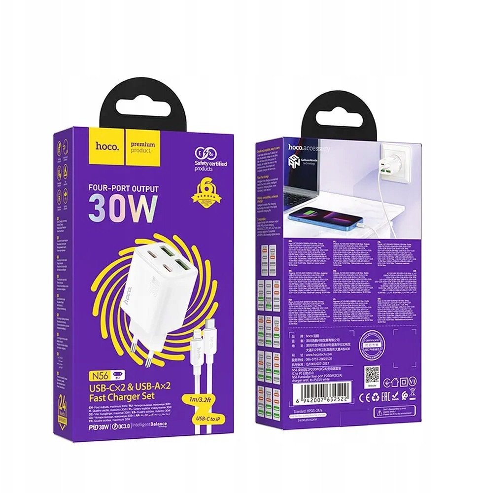 Karikues muri Hoco N56, 30W, 4 porta USB, me kabllo Lightning, i bardhë