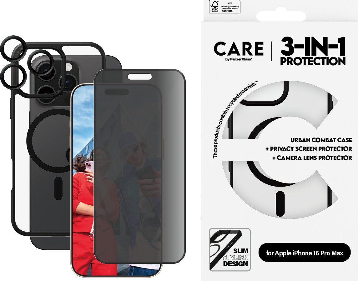 Set mbrojtës CARE by PanzerGlass për iPhone 16 Pro Max, 3 në 1, Privacy Glass, kompatibil me MagSafe, transparent