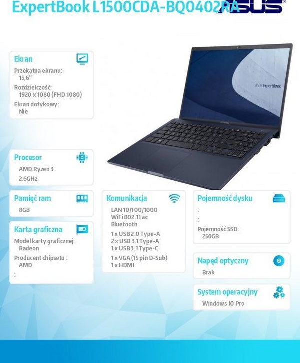 Laptop Asus ExpertBook L1 L1500CDA , 15.6 ", Full HD, AMD Ryzen 3, 8 GB RAM, M.2 PCIe SSD 256 GB, Windows 10 Pro Edu, i kaltër i errët