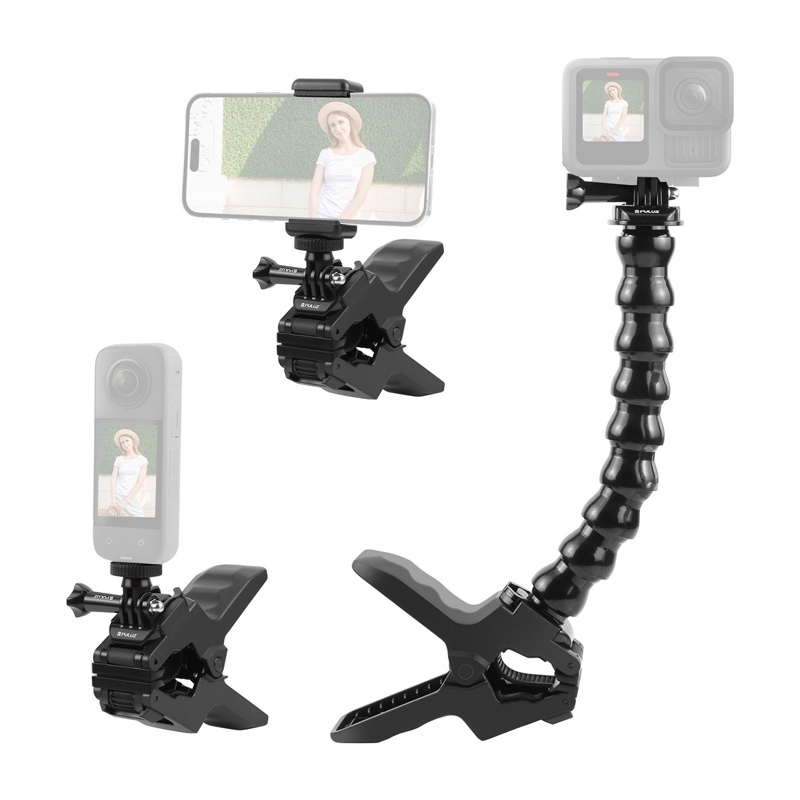 Mbajtës kapëse për kamera sportive Puluz Adjustable Clamp Mount, krah fleksibël, universal, i zi