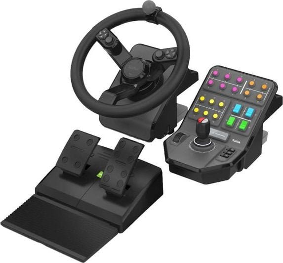 Set kontrolli lojërash Logitech G Saitek Farm Sim Steering Wheel 945-000062 dhe G X56 Hotas 945-000059, timon me pedale, joystick me throttle, i zi