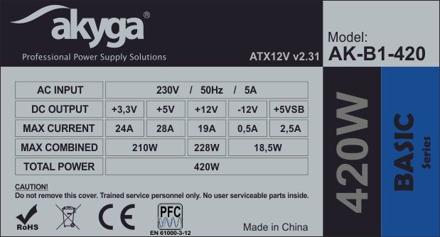 Furnizues me energji Akyga AK-B1-420, 420W, ATX 12V 2.0, 12 cm, i hirtë