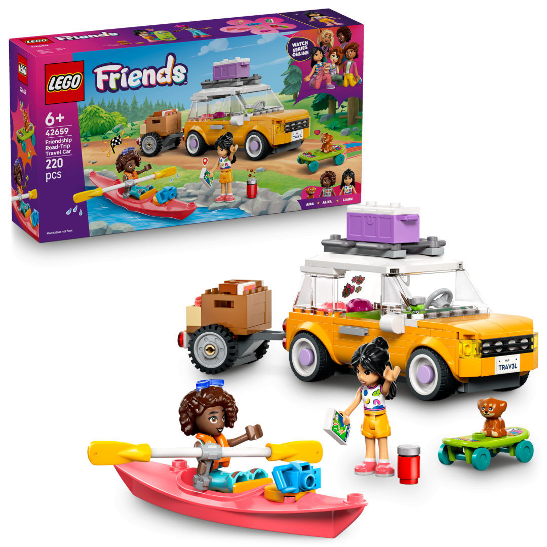 Set lodër LEGO Friends 42659 Friendship Road Trip Travel Car, me veturë dhe rimorkio, për fëmijë 6+