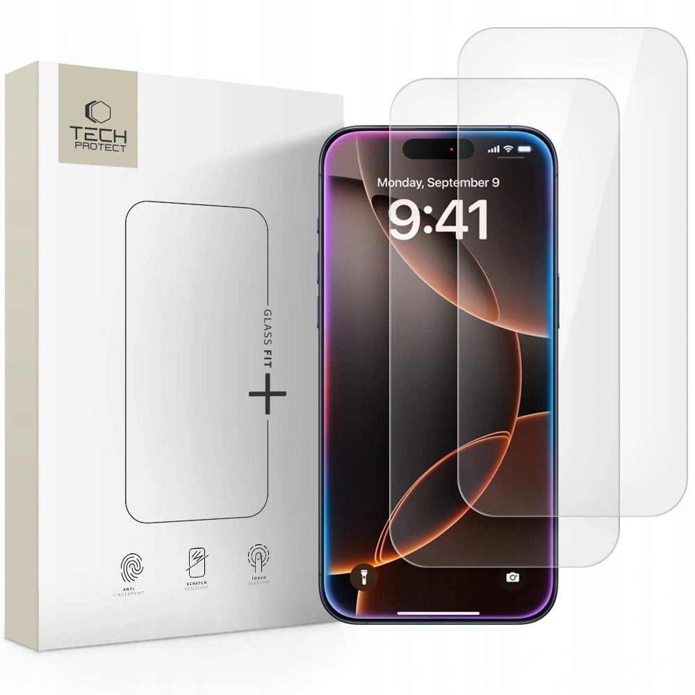Заштитно стакло Spigen Tech-Protect Glass Fit+, iPhone 16 Pro 17 17 Pro, 0.3mm, 2 парчиња, проѕирно
