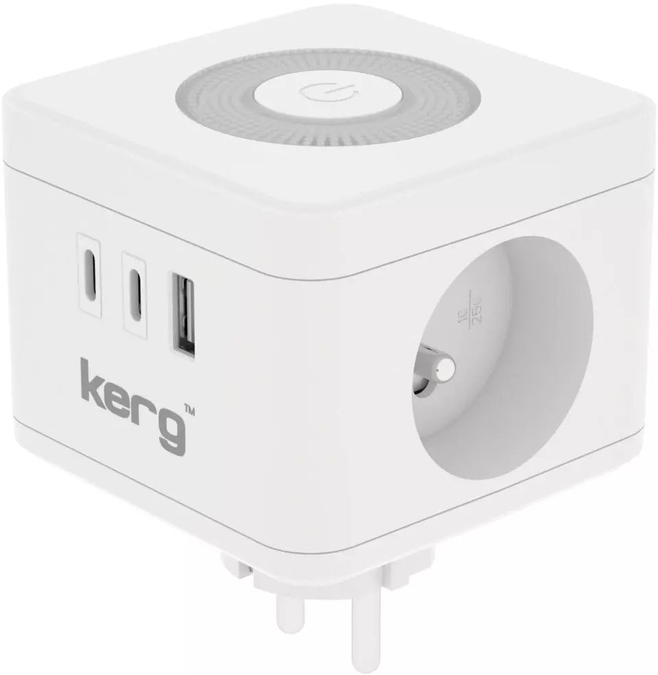 Prizë smart KERG Power Cube, 2 porta, USB A USB C, llambë LED, e bardhë