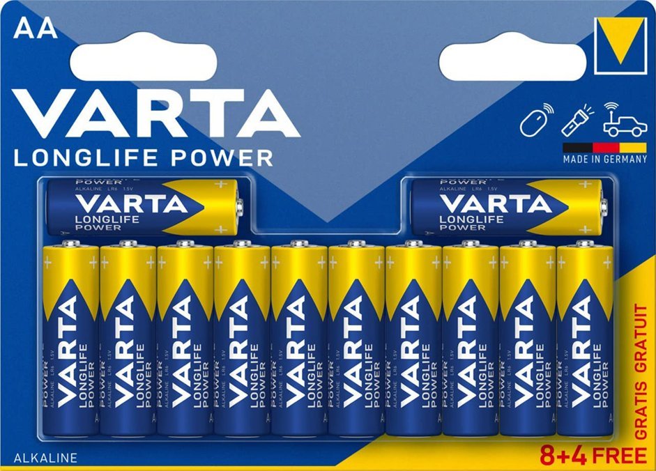 Bateri alkaline Varta Longlife Power AA, paketim 12 copë, 1.5V
