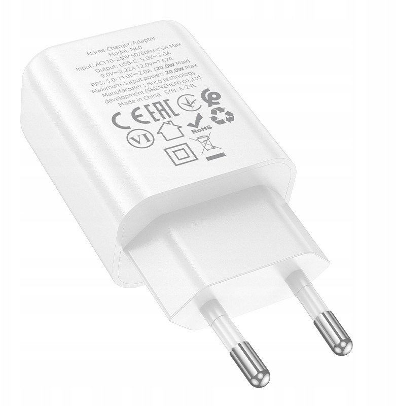 Karikues USB Hoco N60 Gentle, PD 20W, një portë USB C, i bardhë