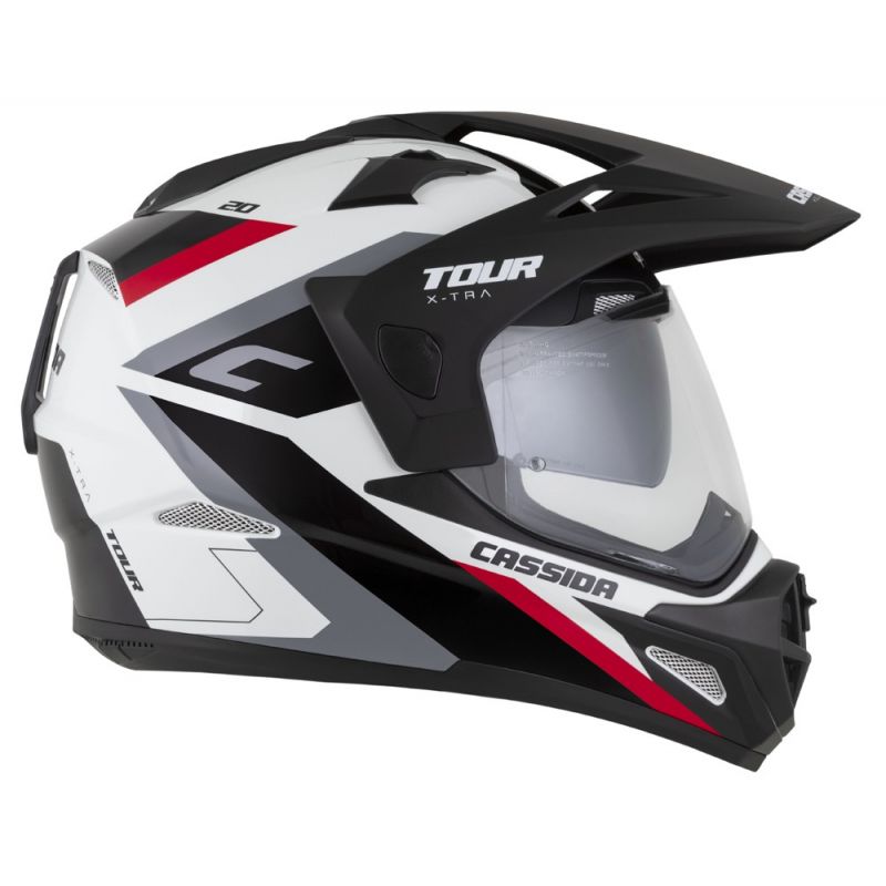 Helmetë moto CASSIDA Tour 2.0 X-tra, me peak, ECE 22.06, e bardhë e kuqe e zezë, madhësia XL