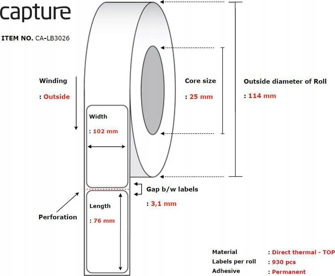 Rrotullë etiketash Capture Label 102x76, bërthamë 25 mm, e bardhë