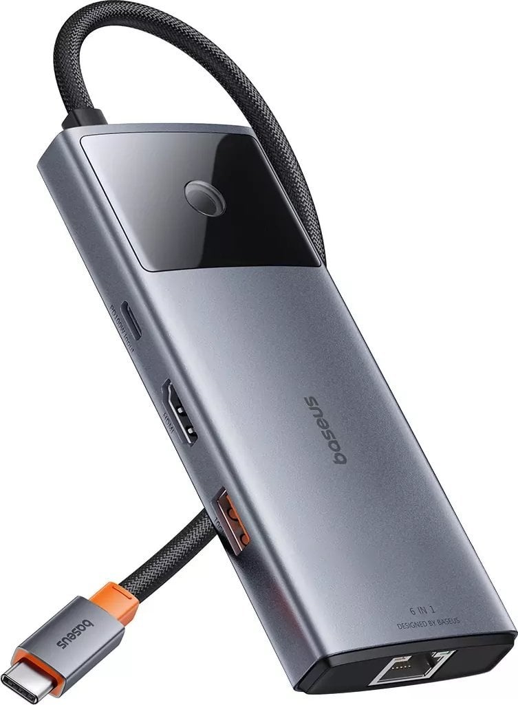 HUB USB Baseus Metal Gleam 2 6 në 1, HDMI, RJ-45, gri metalik