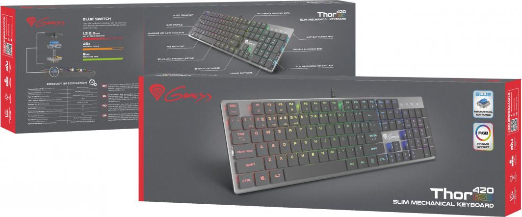 Tastierë Genesis Thor 420 RGB Slim, US, e argjendtë