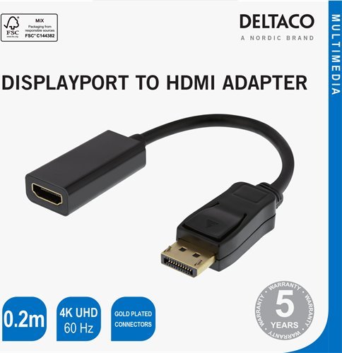 Adapter video Deltaco 00110022, HDMI në DisplayPort, 4K 60Hz, 20cm, i zi