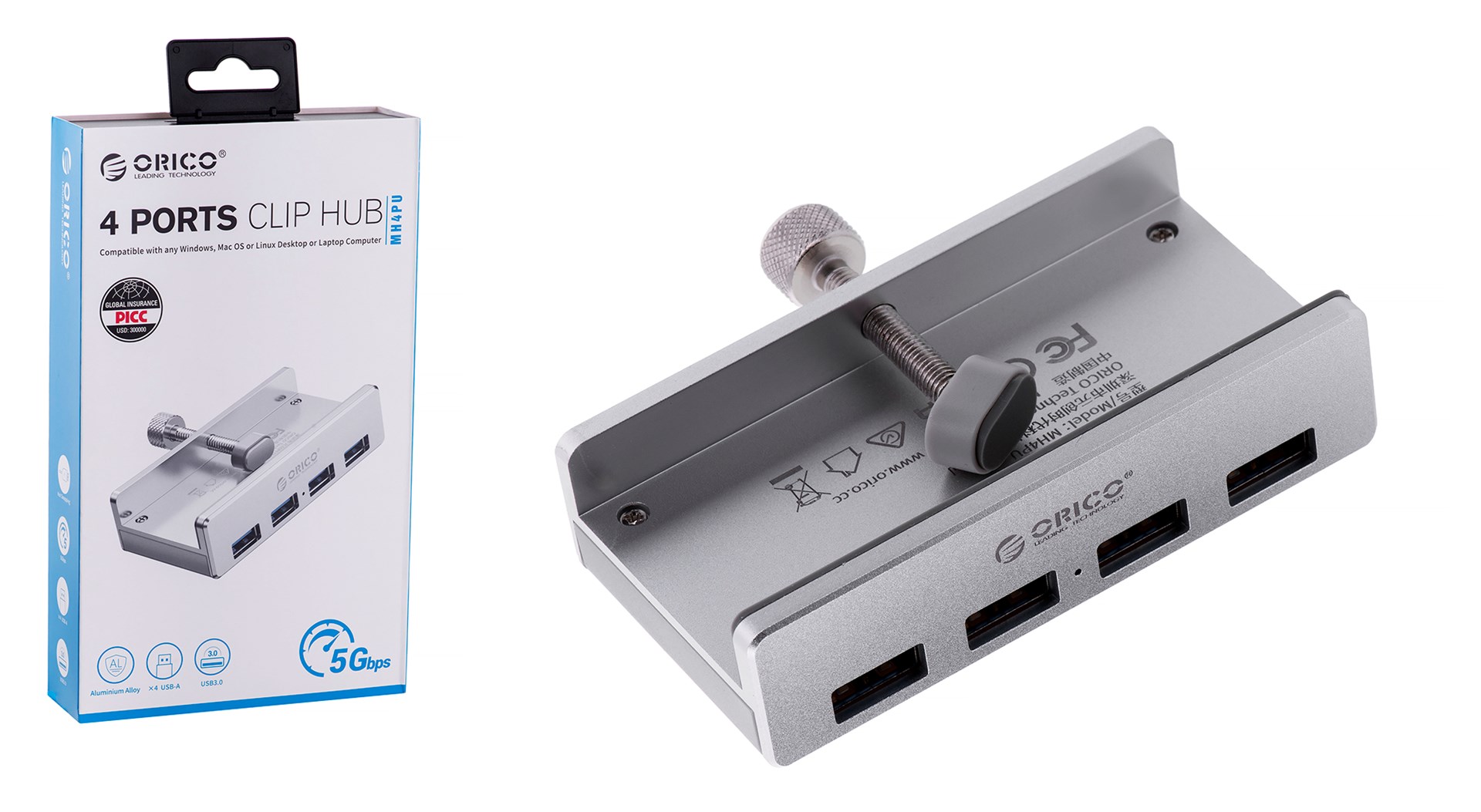 USB HUB USB ALLNET ORICO, 4xUSB-A, 5Gbps, 1m, e argjendtë