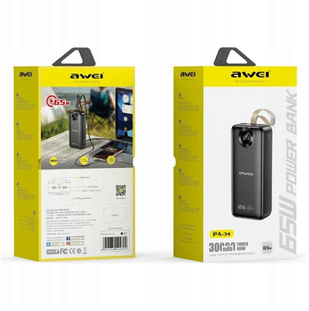 Powerbank Awei PA-34, 30000mAh, 65W Fast Charging, i zi