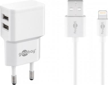 Karikues Goobay JAB-5957203, 2x USB A, 2.4A, me 2 kabllo Lightning, i bardhë