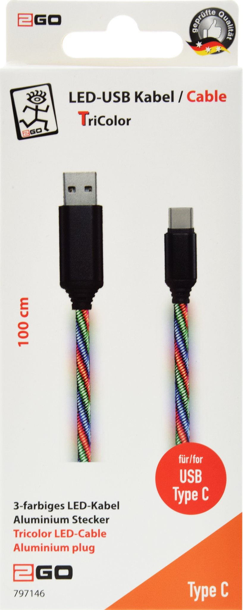 Kabllo USB 2GO USB A në USB C, 1 m, najlon, shumëngjyrëshe