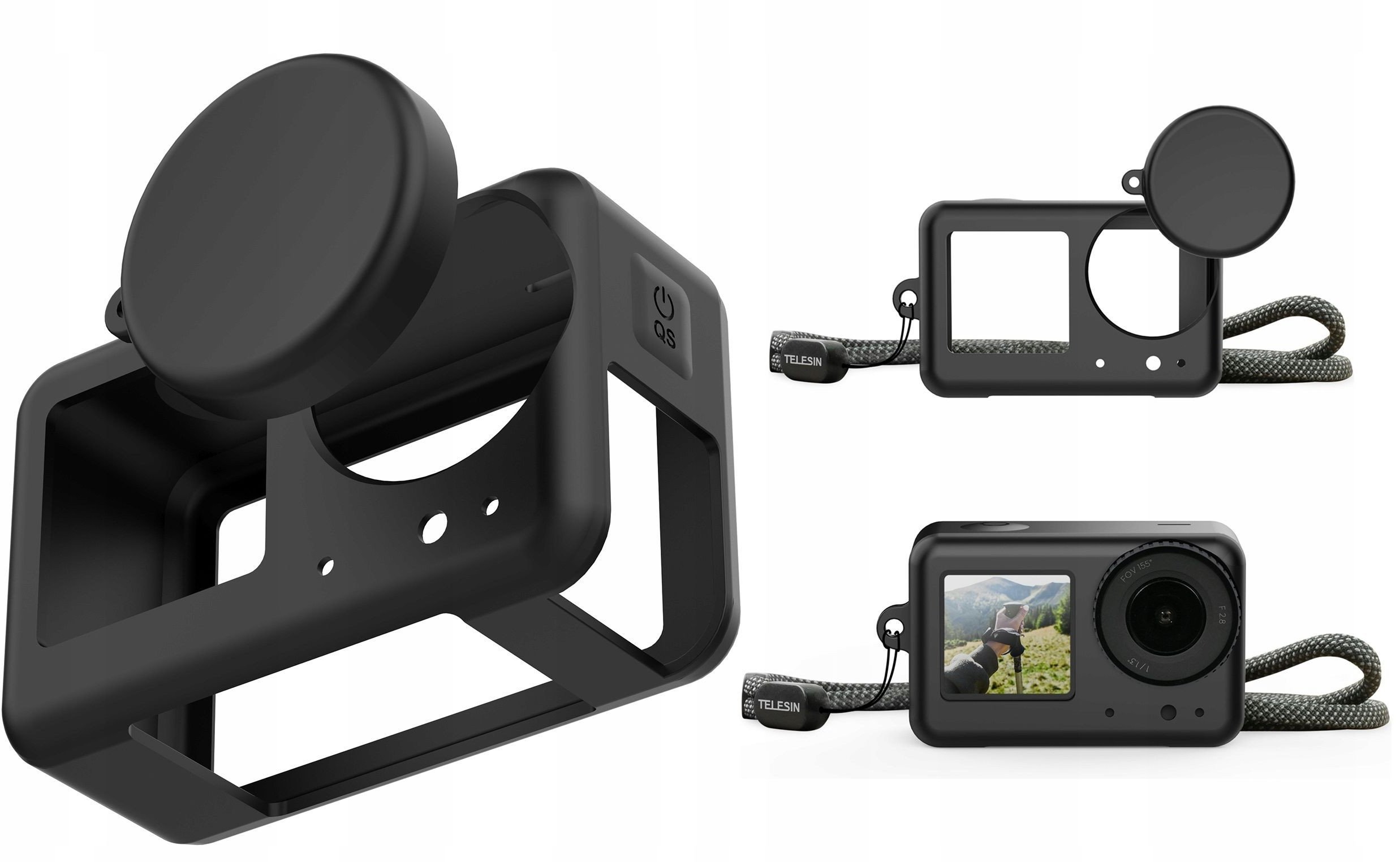 Set aksesorësh Telesin 2.0 për DJI Osmo Action 3, kuti silikoni, kapak lenteje silikoni, me litar bartës, gri
