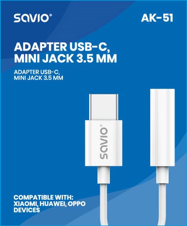 Adapter audio USB C Savio SAVAK 51, USB C në 3.5mm, DAC, i bardhë