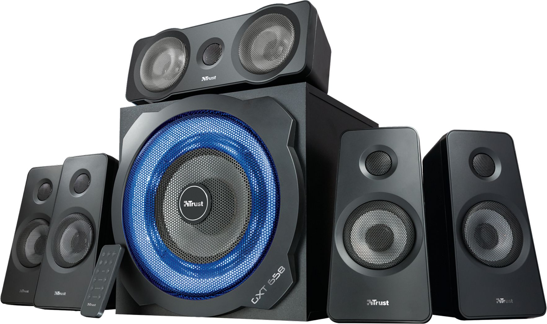 Kutia zanore Trust GXT 658 Tytan, sistem 5.1, 180W, me LED blu
