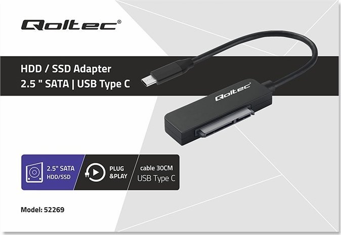 Adapter kabllo Qoltec SATA në USB C, për SSD HDD 2.5", 5 Gb/s, 2TB, i zi