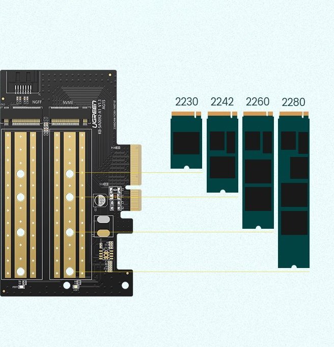 Adapter kontrollues Ugreen PCIe 3.0 x4, për SSD M.2 M-Key dhe B-Key, i zi