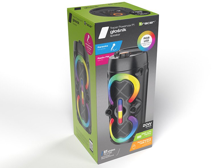 Кутија за звук Tracer Powervox P1, 20W, Bluetooth, со RGB светла