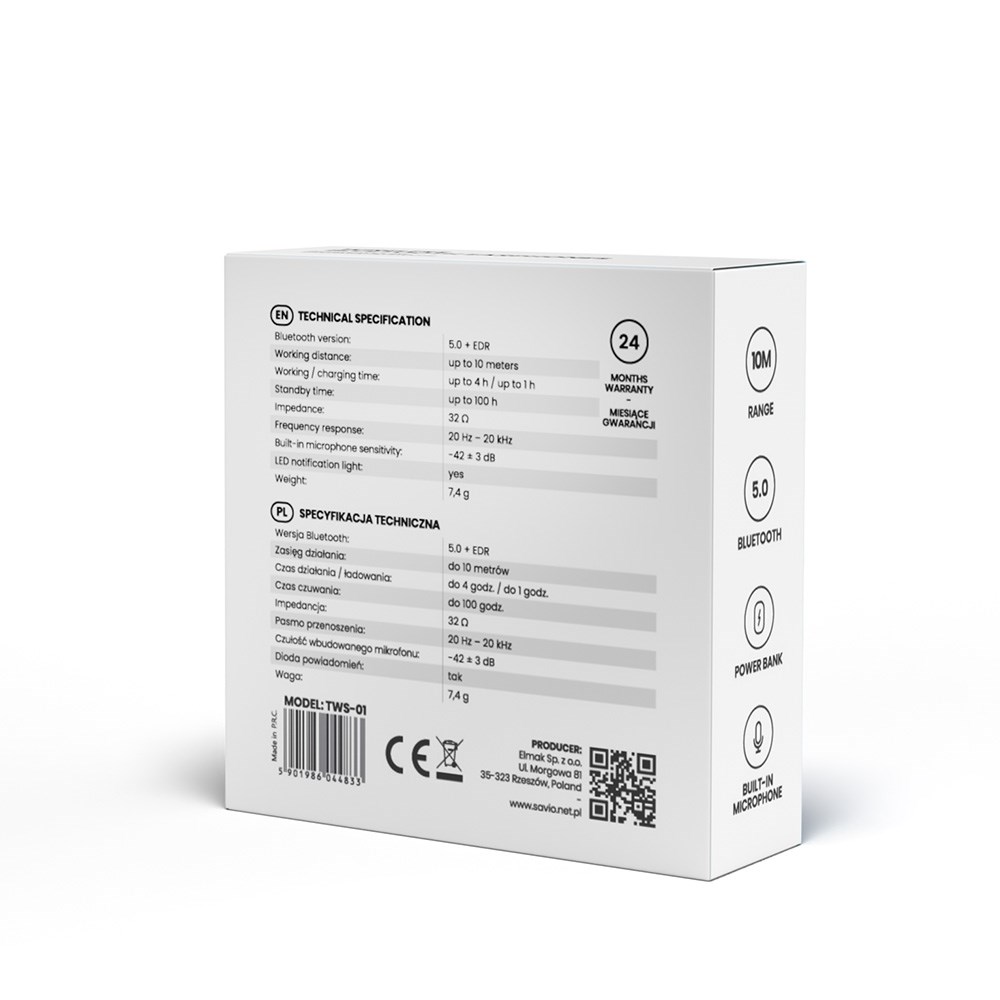Dëgjuese Savio TWS-01, Wireless, të bardha