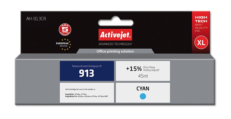 Ngjyrë për printer Activejet AH-913CR (zëvendësim për HP 913 F6T77AE), 45 ml, e kaltër