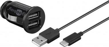 Karikues veture Goobay Car Charging Set, 12W 2.4A, 2x USB, me kabllo USB Type C, i zi