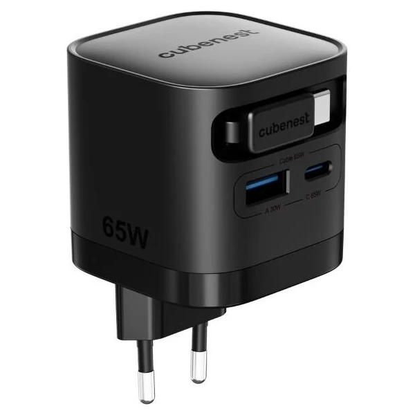 Полнач Cubenest S3D2 PD GaN, 65W, со USB C кабел, црн