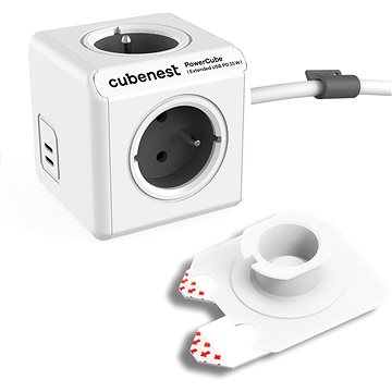 Zgjatues energjie Cubenest Powercube Extended, 4x prizë, 2x USB C PD 35W, 1.5 m, i bardhë gri