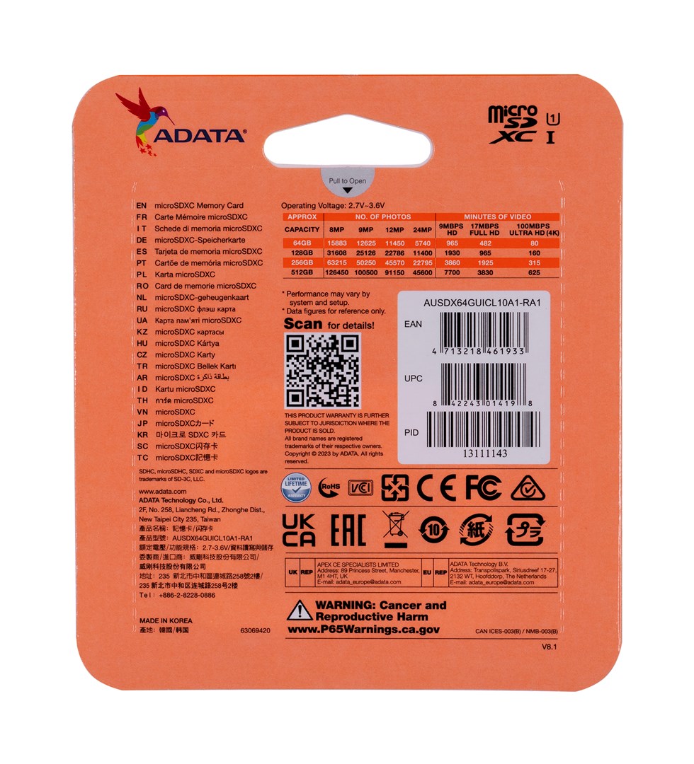 Kartë e memories ADATA , MicroSDHC, 64 GB, Class 10 + përshtatës SD