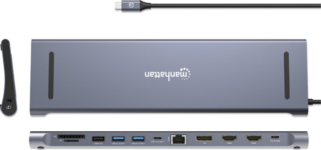 USB-C док Манхатон 12‑во‑1, 3x 4K, Power Delivery 100W, сив