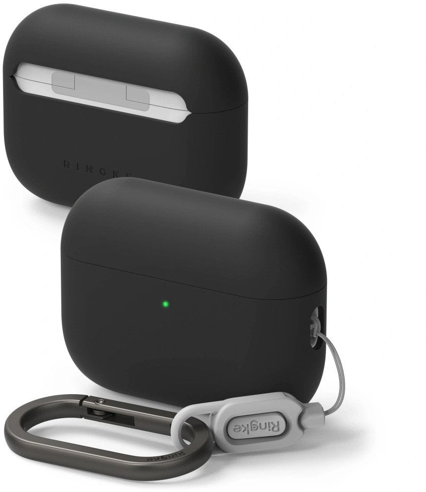 Kuti mbrojtëse Ringke Silicone për Apple AirPods Pro 3, me karabinë, e zezë