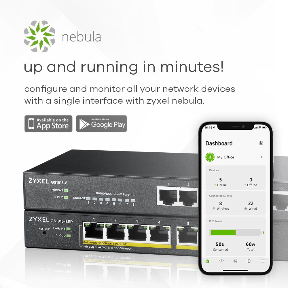Switch i menaxhuar Zyxel GS1915-8EP, 8 porta Gigabit, PoE, gri