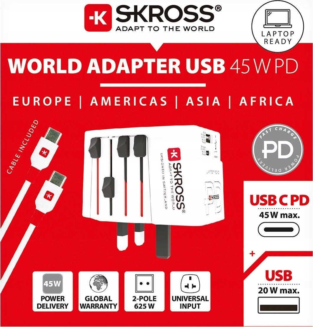Adapter udhëtimi Skross MUV USB AC45PD, USB-C 45W PD, USB-A 20W, i bardhë