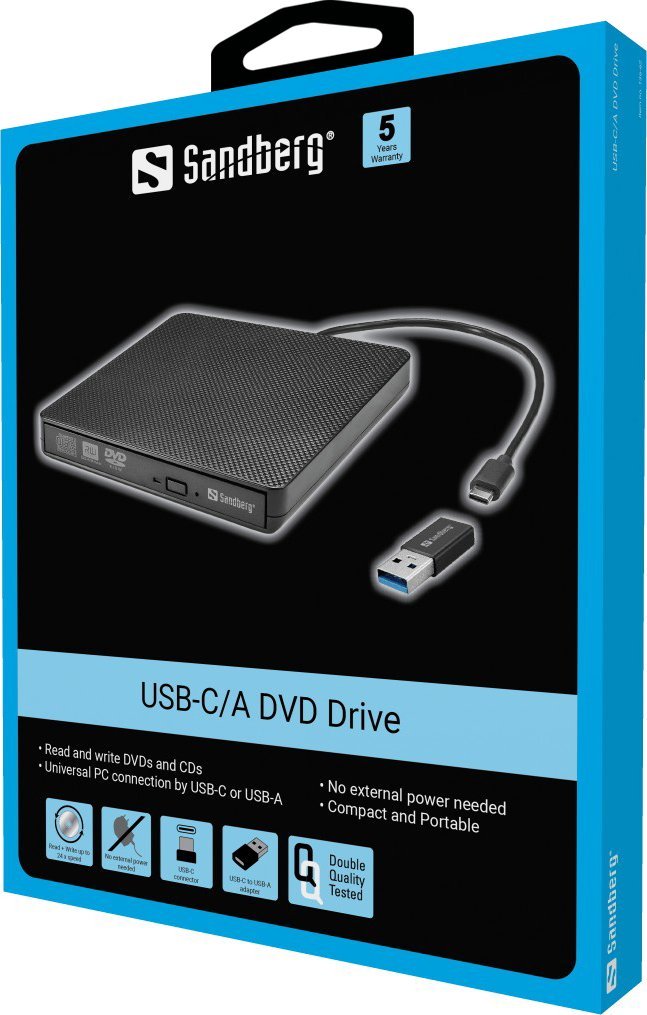 Lexues DVD i jashtëm Sandberg USB C USB A, CD DVD, i zi