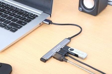Hub USB Manhattan USB A 4 porta, 1x USB 3.2 Gen1 5 Gbps, 3x USB 2.0, alumin gri hapësinor