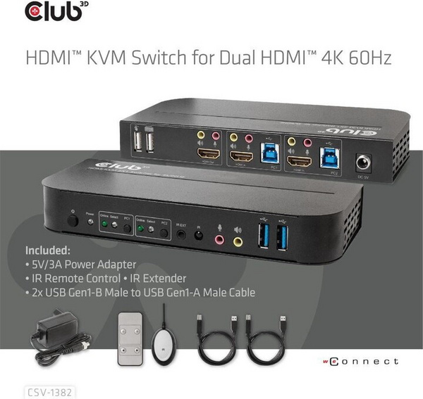 Ndërprerës Club3D Network Switch - Switch, HDMI KVM Switch - Dual HDMI 4K @ 60Hz
