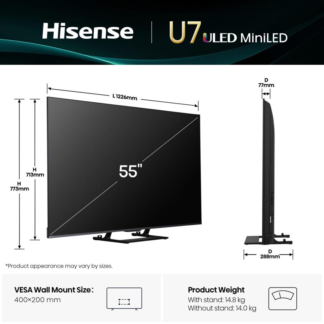Телевизор Hisense 55U7Q, 55", 4K Mini LED, црн