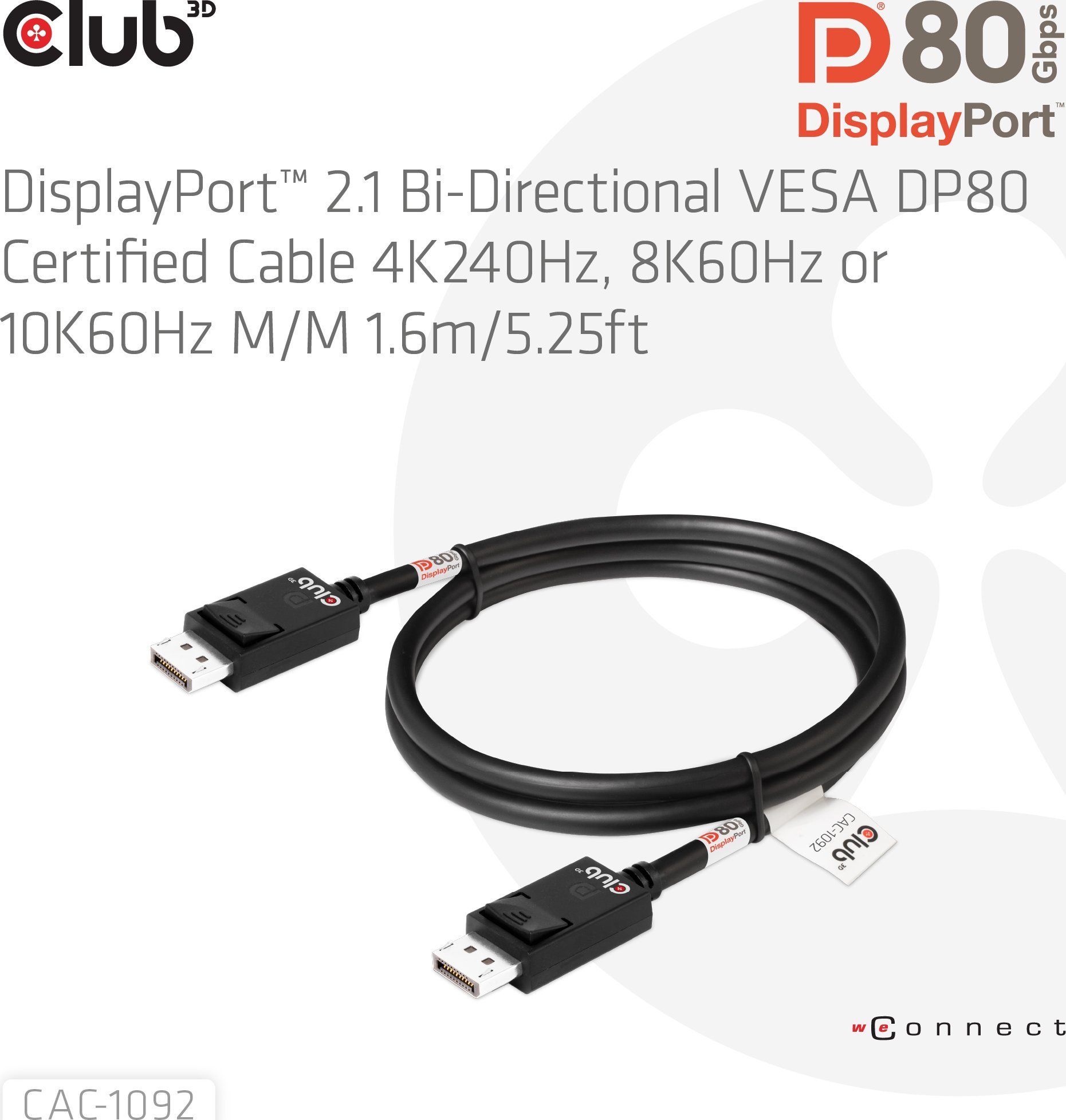 Kabllo DisplayPort Club 3D CAC-xxx, 1.6m, DP 2.1 Bi-Directional, e zezë