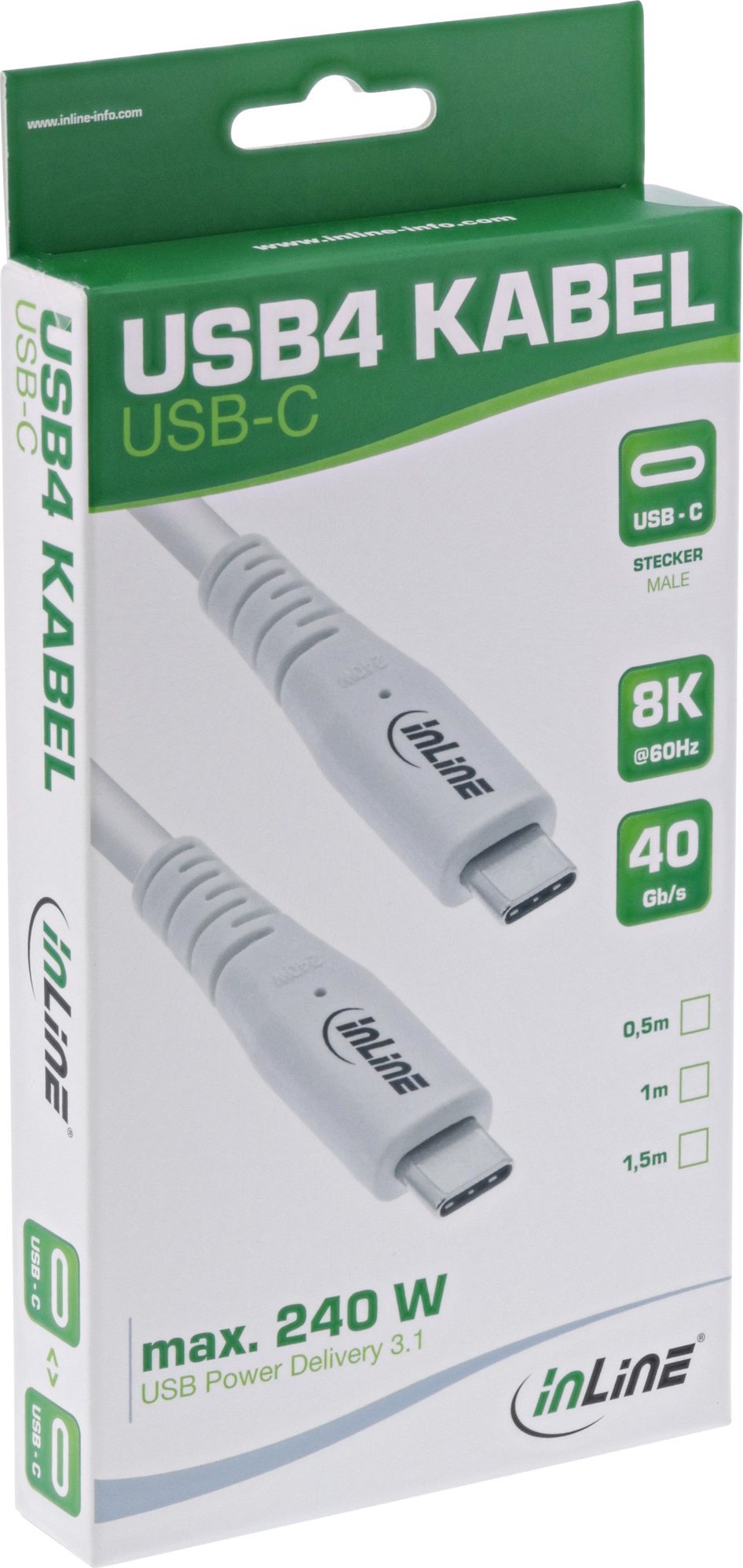 Kabllo USB4 InLine, USB C në USB C, 240W PD, 1.5m, e bardhë