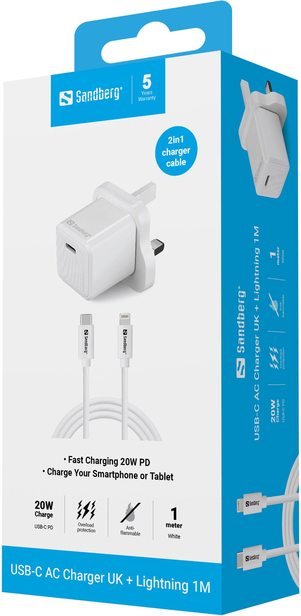 Karikues USB Sandberg USB C 20W PD, me kabllo Lightning 1m, i bardhë