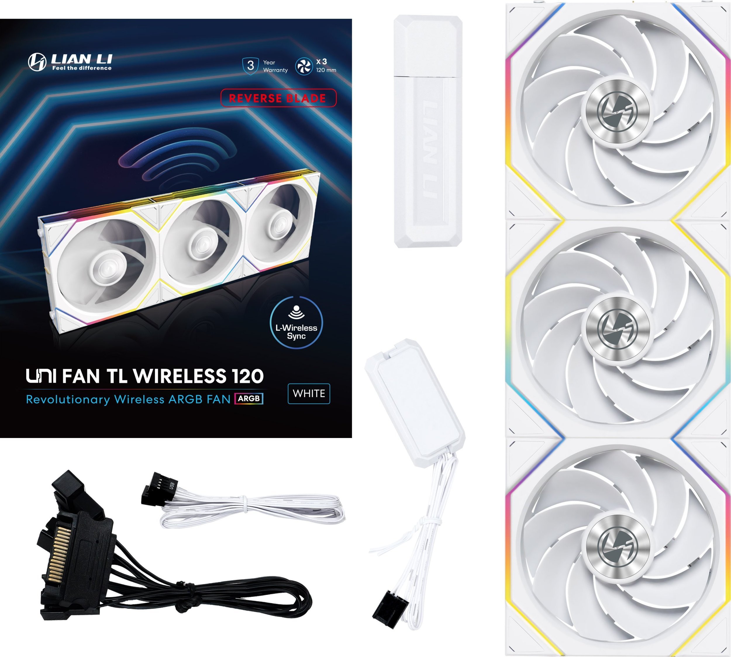 Ventilatorë PC Lian Li UNI TL Wireless Reverse Blade 120mm, ARGB PWM, set 3 copë, të bardhë 3