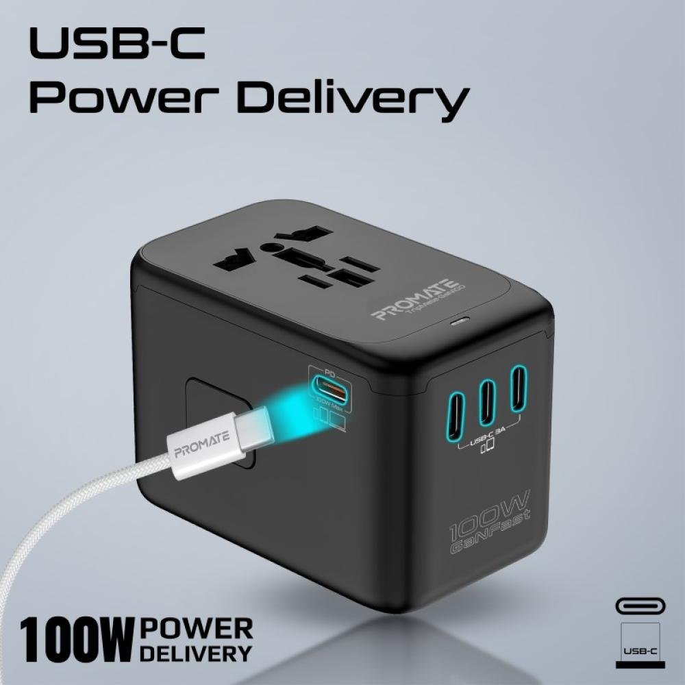 Karikues muri Promate TripMate GaN100, 100W, 4x USB C PD, multistandares