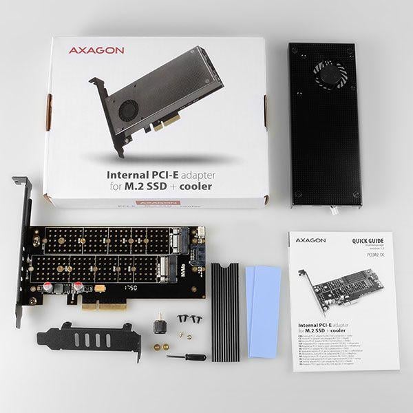 [OUTLET] Përshtatës Axagon PCI-E x4 to 2x M.2 NVMe dhe ftohje aktive SATA