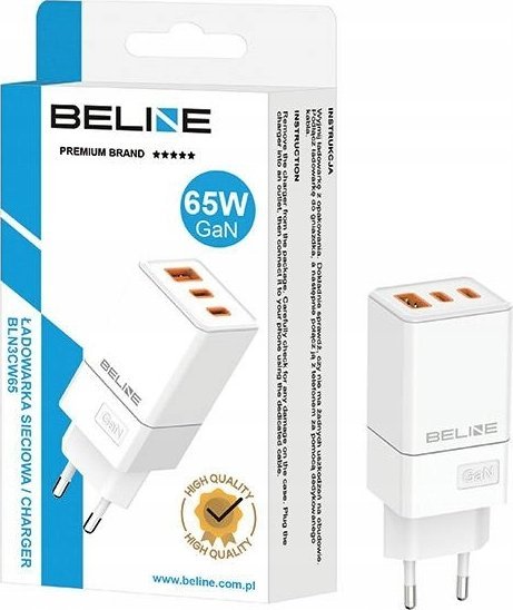 Полнач за мрежа Beline 65W GaN, 2x USB C и USB A, PD 3.0 QC 3.0, бел